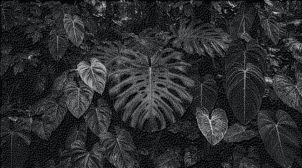 Tropical jungle foliage with monstera and philodendron leaves in black and white © vectolab