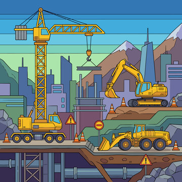 This dynamic illustration showcases various construction machinery at work in an urban setting, highlighting infrastructure development and the power of human ingenuity and hard work.