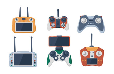Set of six different remote controls for drones, gamepads and quadcopters, flat design, isolated on white background. © Anastasia
