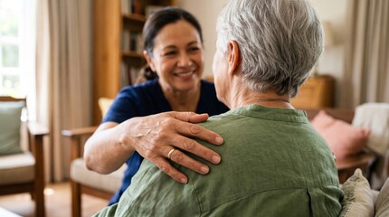 Obraz premium Smiling nurse giving comfort support to senior elderly woman with hand on shoulder in home care