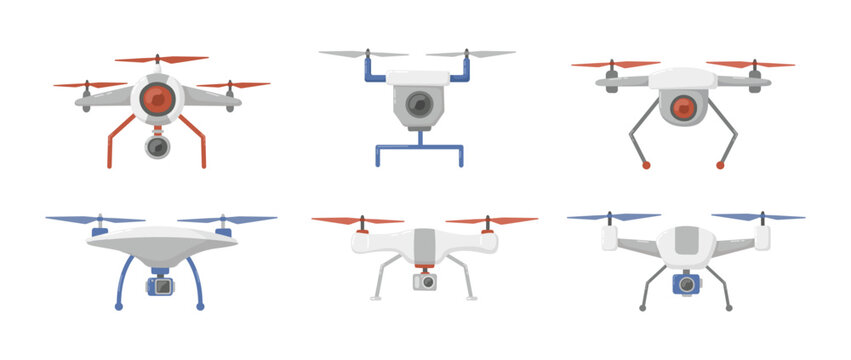 Set of quadcopter, drones with cameras front view, different models, flat design, isolated on white.