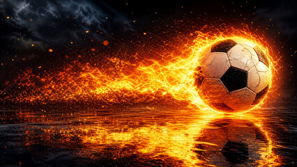 Fototapeta premium Fiery Soccer Ball Blazing Across Wet Ground Under Dark Stormy Sky with Dramatic Flames and Sparks Wallpaper