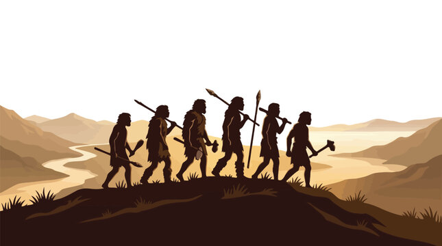 A flat vector illustration showing prehistoric human ancestors carrying primitive stone tools across a landscape