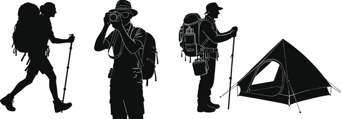 Hiking and camping vector silhouette set featuring backpackers hikers photographer and outdoor tent elements © RurposiRani