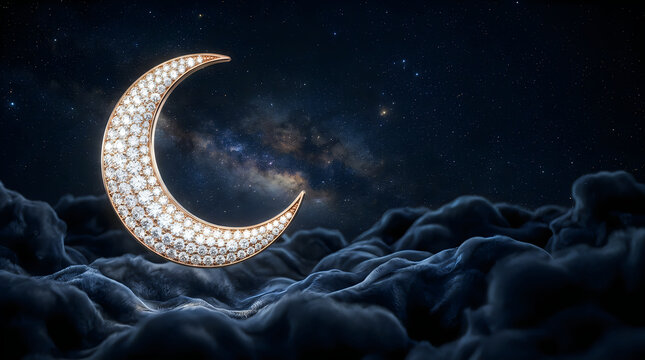 Diamond crescent moon shining brightly in starry night sky with clouds