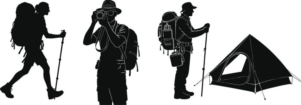 Hiking and camping vector silhouette set featuring backpackers hikers photographer and outdoor tent elements