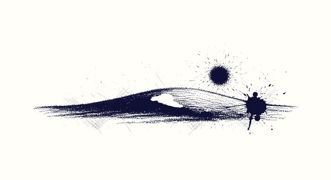 Abstract Minimalist Ink Splatter Landscape Design with Mountain and Sun Elements on Cream Background