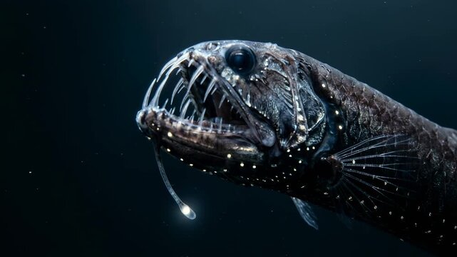 deep sea dragonfish with lantern and giant teeth underwater close up video