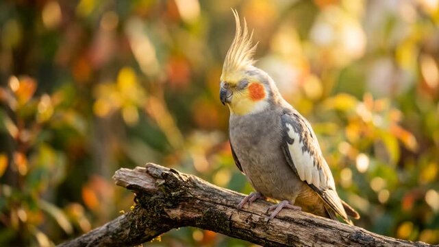 cockatiel bird on branch in australian woodland golden light close up video