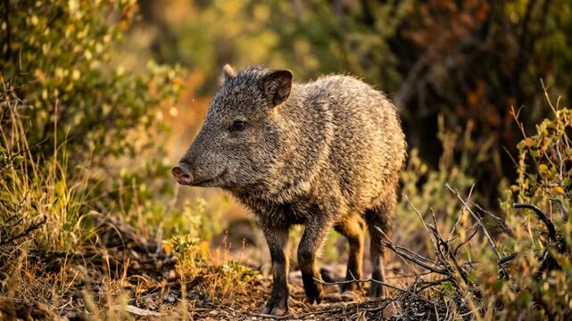 collared peccary in amazon rainforest brazil golden light close up video