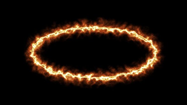 Cinematic orange glowing electric oval frame loop on black background with flickering plasma energy motion effect.