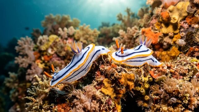 two chromodoris willani nudibranch underwater in coral reef philippines close up video