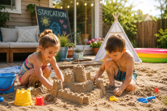 Children Building Sandcastle During Summer Staycation in Backyard