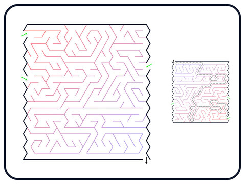 Rectangular maze for kids, medium difficulty printable logic game, find the way from start to exit, line art, activity worksheet page with solution