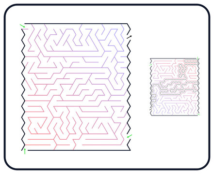 Rectangular maze for adults, medium difficulty printable logic game, find the way from start to exit, line art, activity worksheet page with solution