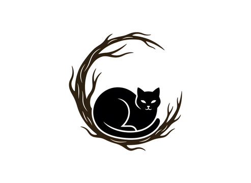 Black Cat Curled Up in Bare Branch Wreath