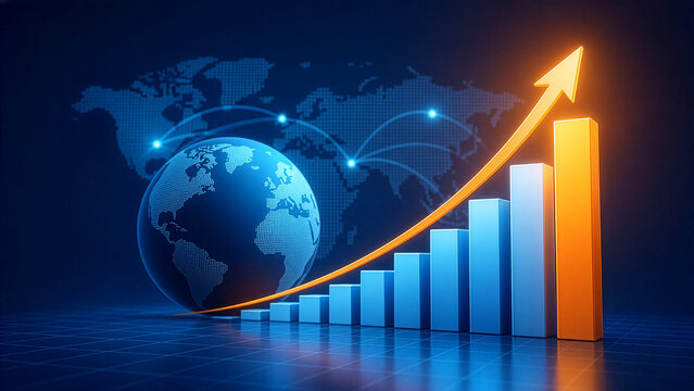 Global Business Growth and Financial Success: Rising Stock Market Bar Chart with Arrow and Digital World Map Background
