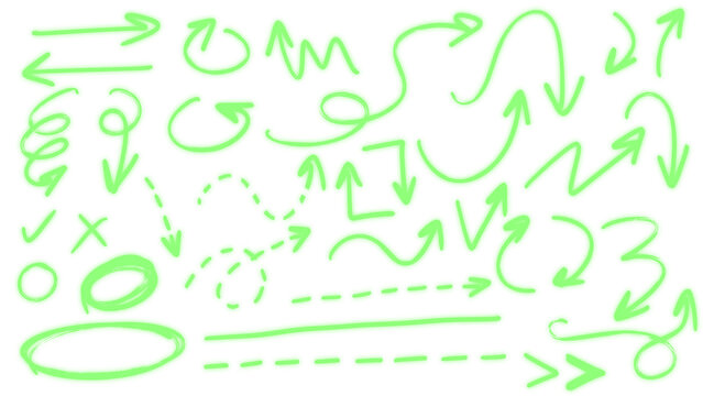 Neon green glowing scribble arrows mega bundle, bright bloom effect marker highlights, cyber neon aura presentation markup set on transparent background