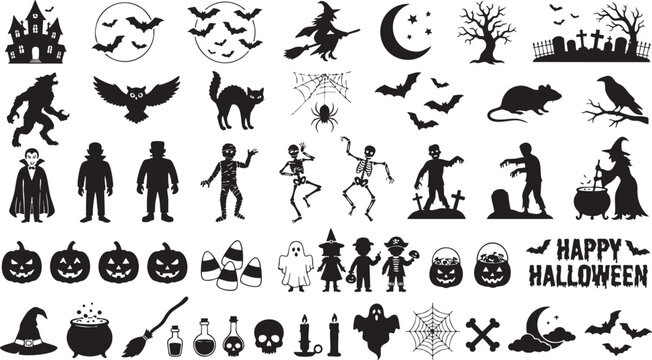 Spooky halloween silhouette icons set for party decorations and seasonal fun