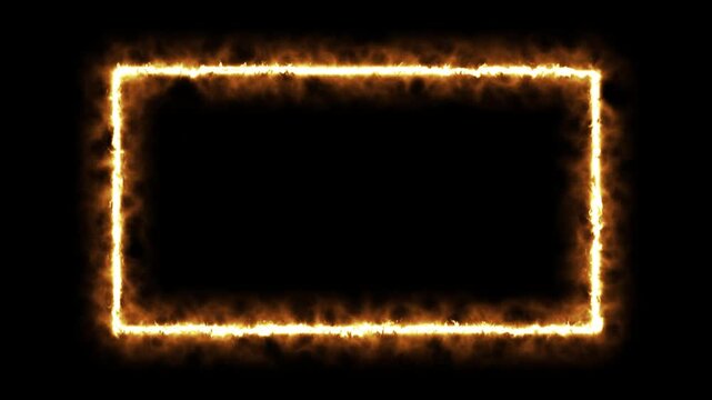 Burning rectangle frame animated on black background vibrant glowing fiery orange border with smoke effect dynamic motion.