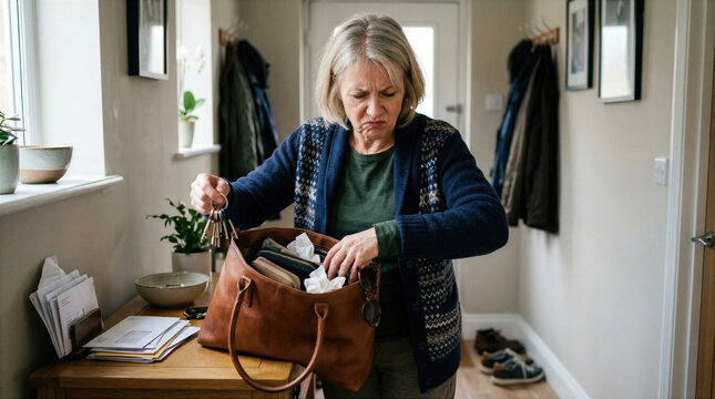 Frustrated Mature Woman Experiencing Brain Fog and Memory Loss While Rummaging Through Her Bag for Keys, Menopause Symptoms and Healthy Aging Concept