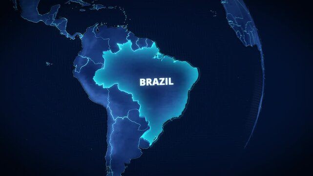3D digital map of South America highlighting Brazil with glowing borders and text, dark blue high-tech geopolitical graphic for broadcast news or horizontal presentation backgrounds.

