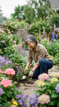 Happy Mature Asian Woman Gardening in a Lush Backyard, Promoting Healthy Aging and Wellness Habits During Menopause Transition
