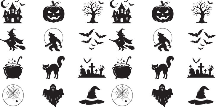 Spooky halloween silhouettes collection witch werewolf ghost pumpkin haunted house and more vector graphics