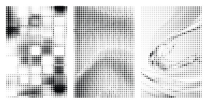 Set of three abstract halftone patterns with varying dot sizes and geometric arrangements, creating dynamic textures for modern graphic design and digital backgrounds