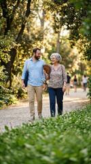 Obraz premium Smiling Mature Woman with Hand Fan Managing Menopause Hot Flashes While Walking with Adult Son in Park, Healthy Aging Wellness and Emotional Support Concept