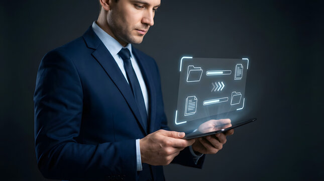 Business professional holding futuristic digital interface with financial icons and global network hologram