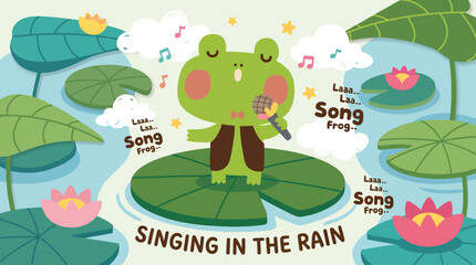 Fototapeta premium A cheerful frog singing on lily pads captures a serene and joyful moment in nature, complete with colorful water lilies and a light atmosphere of happiness and creativity.