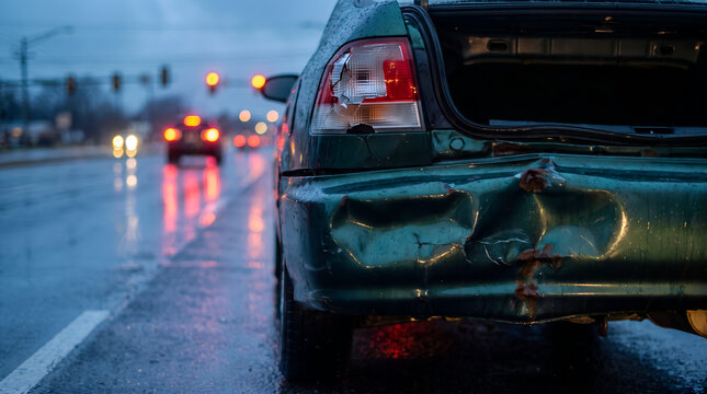 Rear view of damaged vehicle with dented bumper after traffic accident on rainy road accident collision taillight transport hazardous pavement twilight emergency