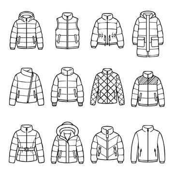 Collection of puffer jacket outlines for fashion design and apparel concepts with clean background