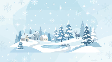 Serene winter landscape with snowy houses and reindeer illustration. © Wijaksono