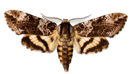 Isolated close-up of a beautiful nocturnal moth with brown speckled wings and banded body © Conor