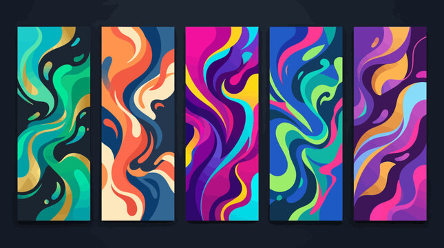 Set of vertical banners with colorful liquid marble swirls.