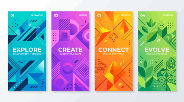 Set of vertical colorful geometric banner designs.
