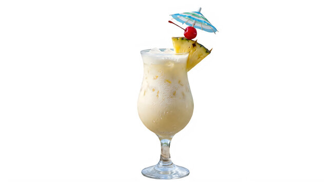 A refreshing frozen tropical Pina Colada cocktail served in a stemmed hurricane glass with a pineapple wedge and cocktail umbrella garnish Isolated on transparent background PNG