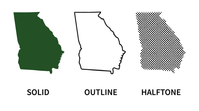 Georgia state map illustration showing three styles &mdash; solid green fill, black outline, and halftone dot pattern &mdash; minimalist design concept