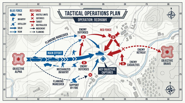 Strategic military tactical operations plan map with troop movements.