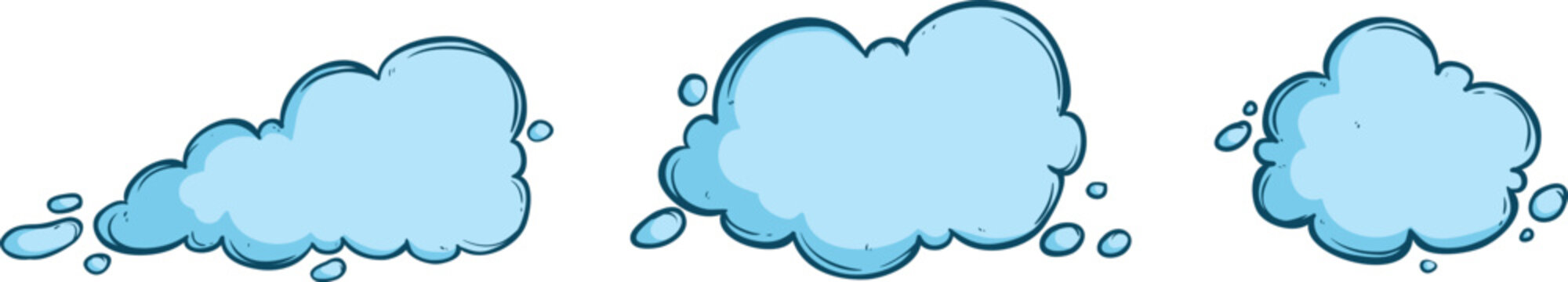 Three fluffy blue cartoon clouds with soft outlines illustrated in a flat simple vector style