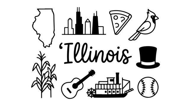 Illinois culture icons illustration featuring state map, Chicago skyline, pizza slice, cardinal bird, corn, guitar, steamboat, baseball, and top hat design