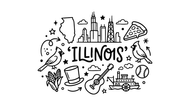 Illinois culture icons illustration featuring state map, Chicago skyline, pizza slice, cardinal bird, corn, guitar, steamboat, baseball, and top hat design
