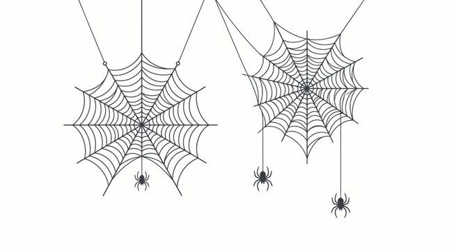 Three hanging spider webs with small spiders illustration.