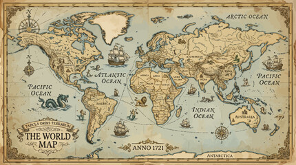 Vintage world map on aged parchment background. © Wijaksono