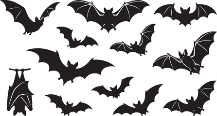 Fototapeta premium Spooky halloween bats collection black silhouette vector graphics for october 31st decorations and creepy designs