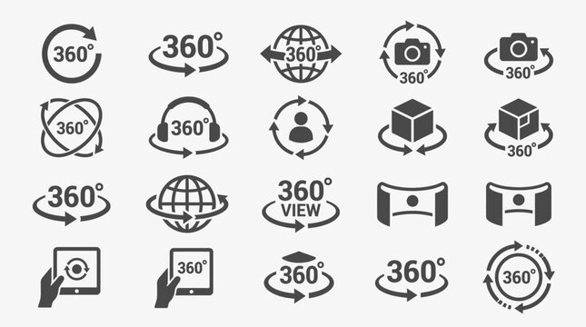 Virtual reality 360 degree panoramic view icon set.