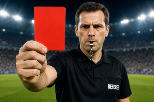 Professional Soccer Referee Showing Red Card and Blowing Whistle on Football Field During Match in Stadium