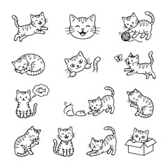 Fototapeta premium Cute cartoon cats in various playful poses with simple line art and a clean white background for easy use